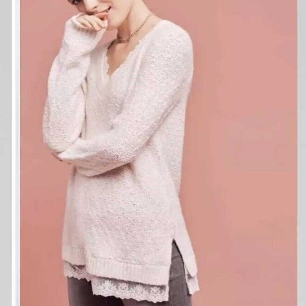 Anthropologie Cream V-Neck Lace Trim Sweater